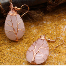 Antique Copper Wire Wrapped Crystal Earrings Vintage Handmade Gemstone Tree of Life Earrings